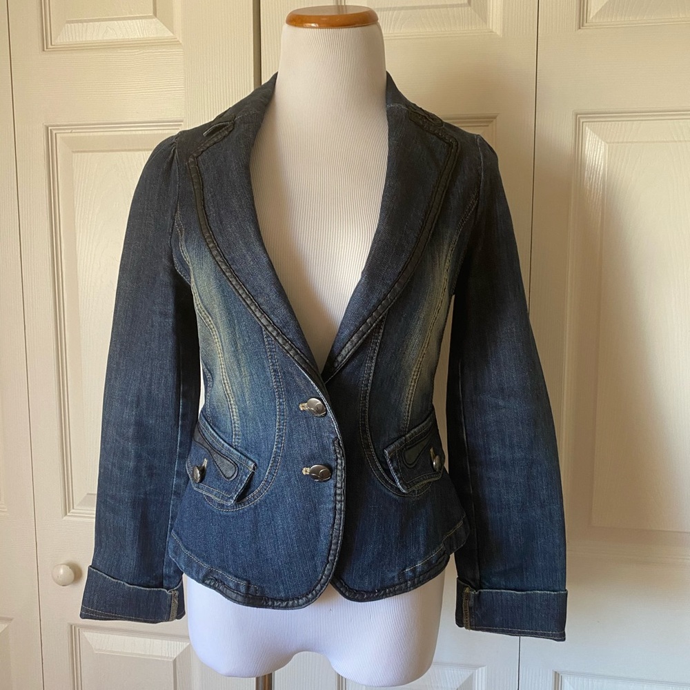 Joinus Denim and Faux Leather Puff Sleeve Blazer